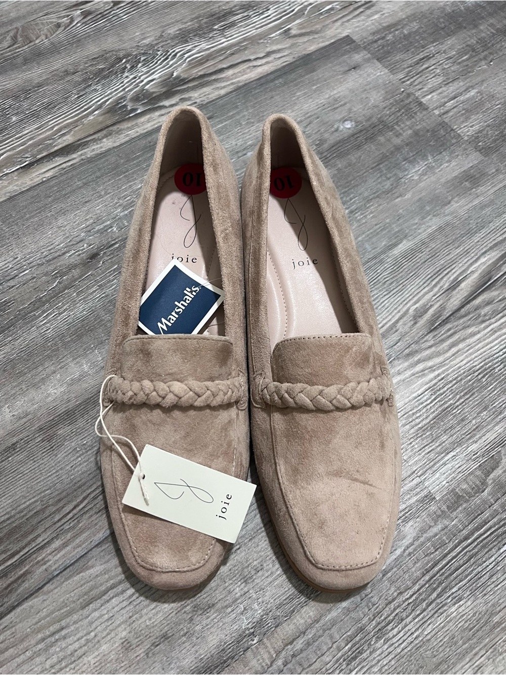 Joie Taupe Suede Braided Vamp Slip-On Loafers